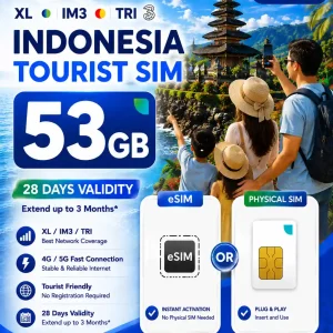 Bali eSim Card 53GB - Xl, Tri & IM3 Indosat