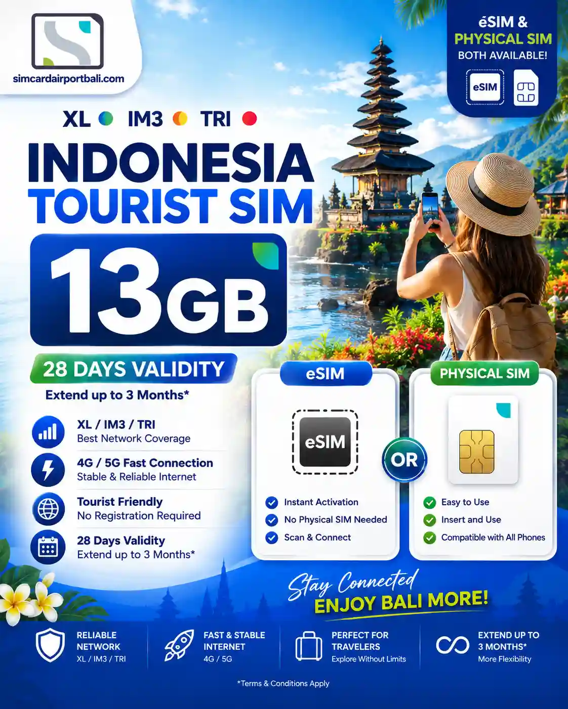Bali eSIM Card 13GB – XL, Tri & IM3 Indosat