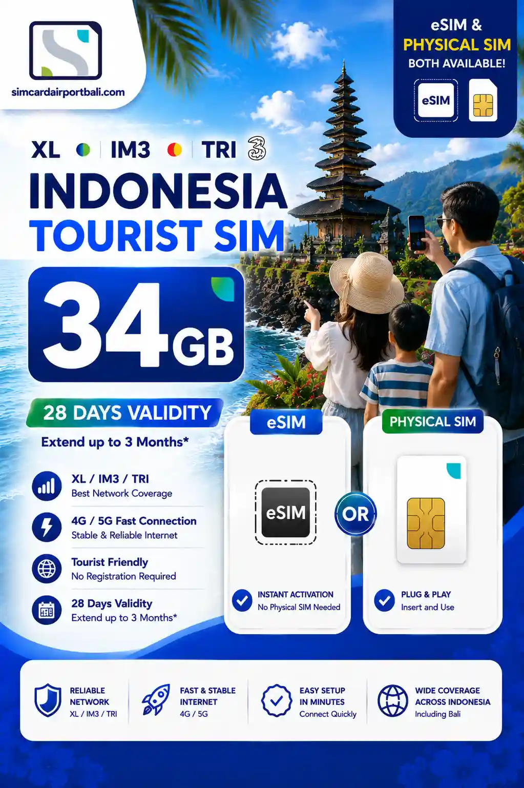 Bali Sim Card 34GB - XL, Tri & IM3 Indoosat